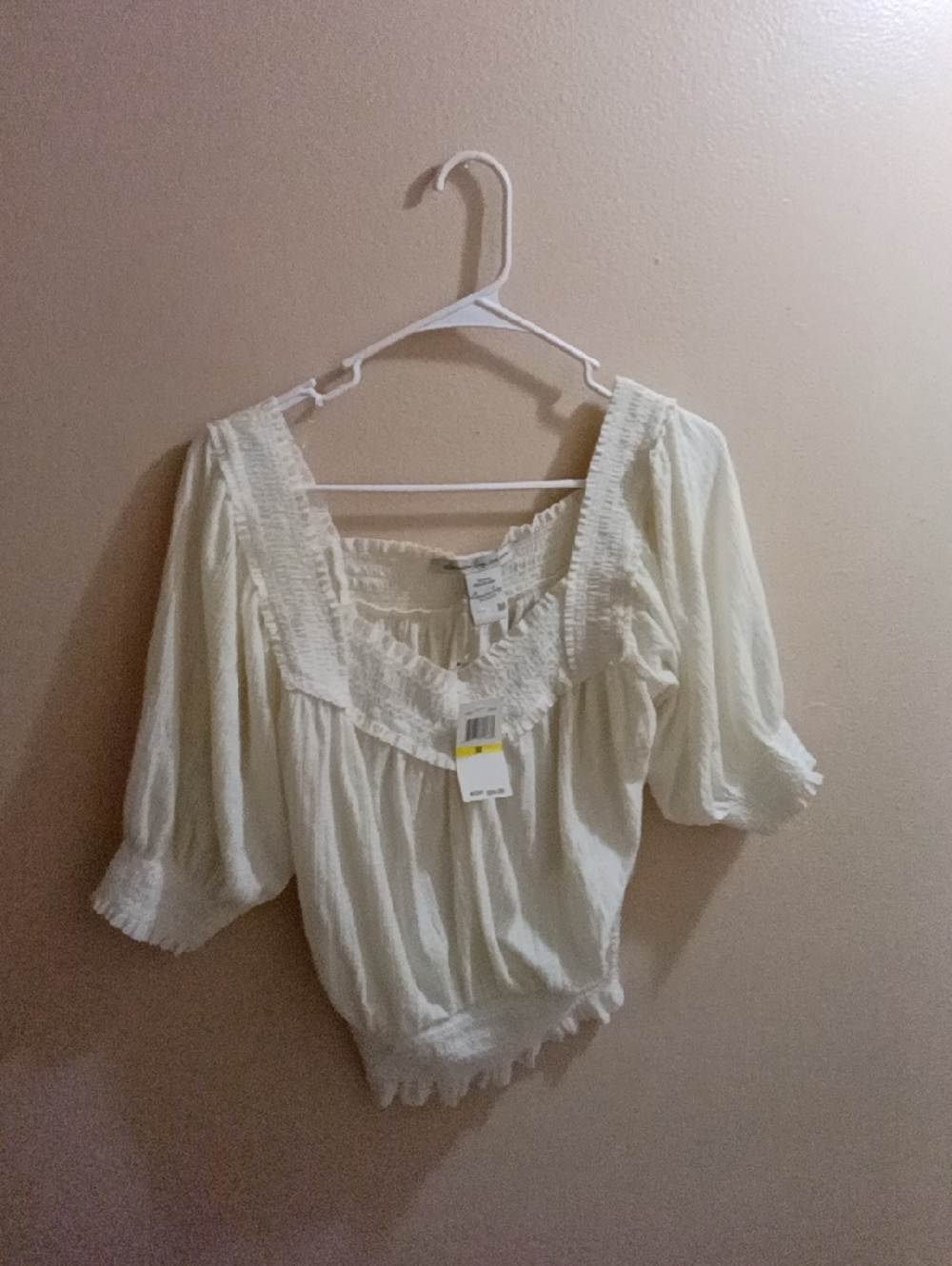 Smocked Square-Neck Peasant Top in Cream